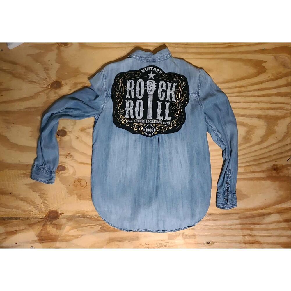 Feelin Groovy Rock N Roll Upcycled Botton Up Top Medium